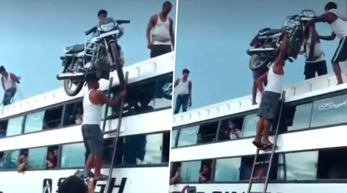 Man Carrying Bike on His Head And Climbing on Ladder to Keep it on Bus Without Any Safety Measure Goes Viral, Twitterati Are Shocked Beyond Belief (Watch Video)