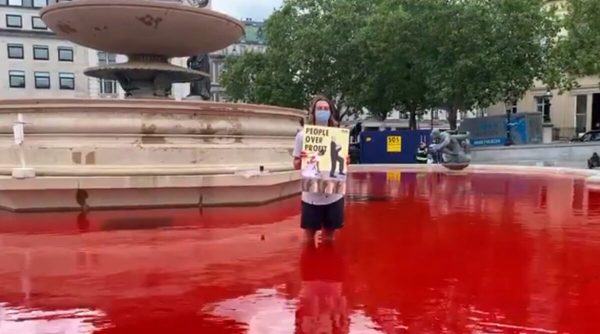 Animal Rights Protesters Turn London's Trafalgar Square Fountain Water Red Demanding End of Animal Farming Amid COVID-19 Pandemic, Two Arrested (Pictures and Videos)
