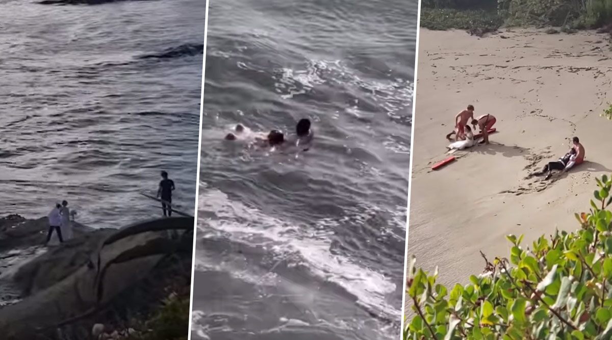 Wedding Photoshoot Fail! Californian Couple Swept Off Rocks Into Sea After Huge Wave Crashes Them While Posing For Pics, Rescued by Lifeguards (Watch Scary Video)