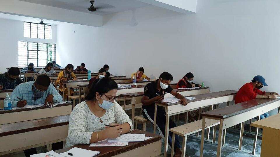 Students appearing for the BED entrance examination, at National PG College, in Lucknow on Sunday