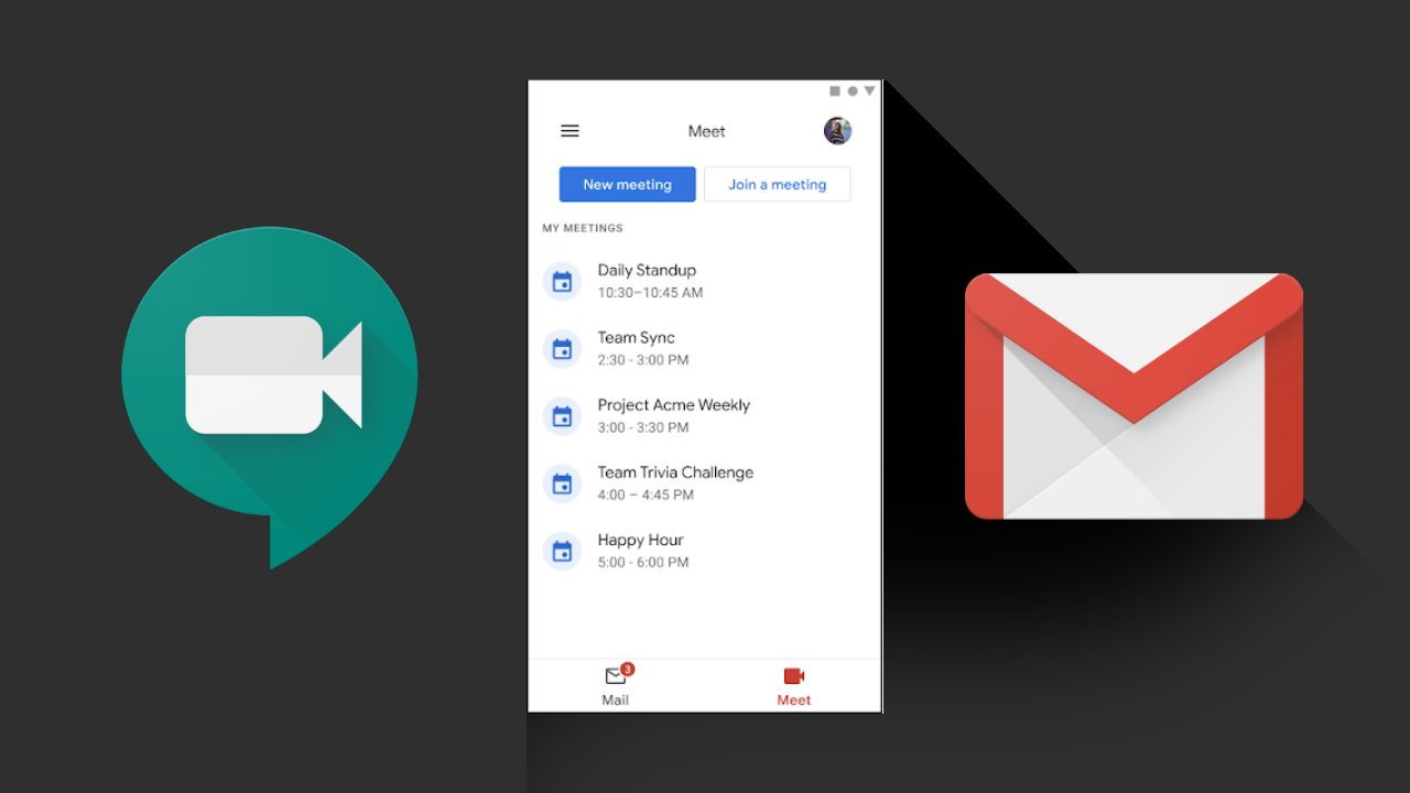 Google Meet function in the Gmail mobile app