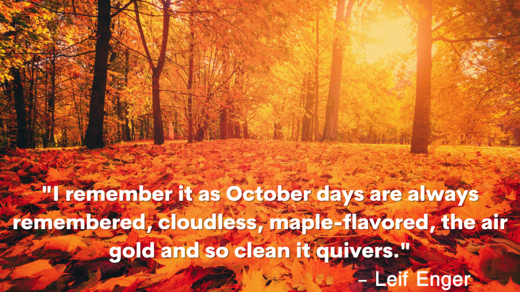Quote: "I remember it as October days are always remembered, cloudless, maple-flavoured, the air gold and so clean it quivers." – Leif Enger