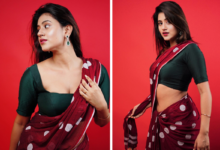 عکس جدید Anjali Arora پر از جسارت با لباس ساری قرمز و بلوز سبز باعث می شود که دختر 