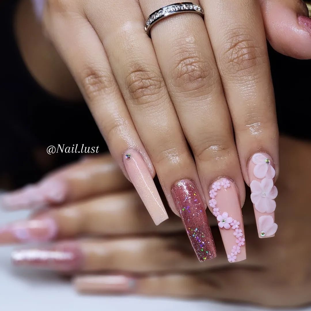 Coffin pink nail designs