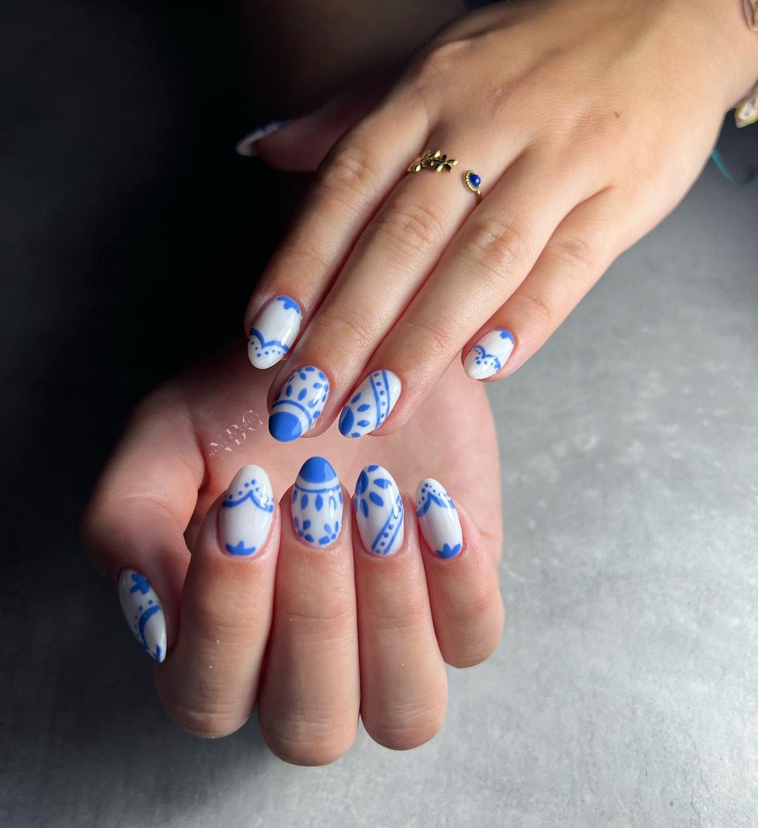 Blue and White Nails