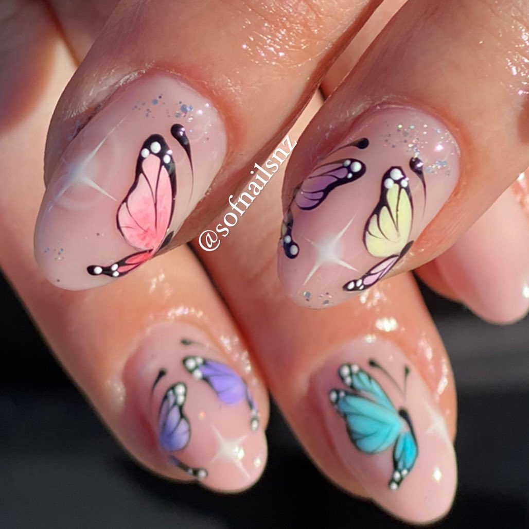 Nude Almond Butterfly Nail Designs