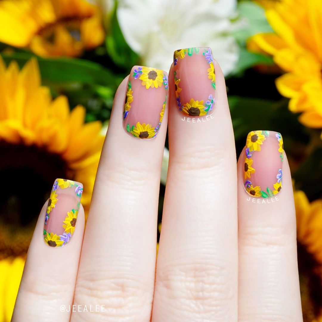 Nude Sunflower Nail Designs