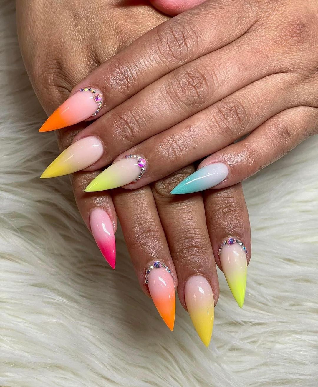 Multicolored Ombre Rhinestone Nails