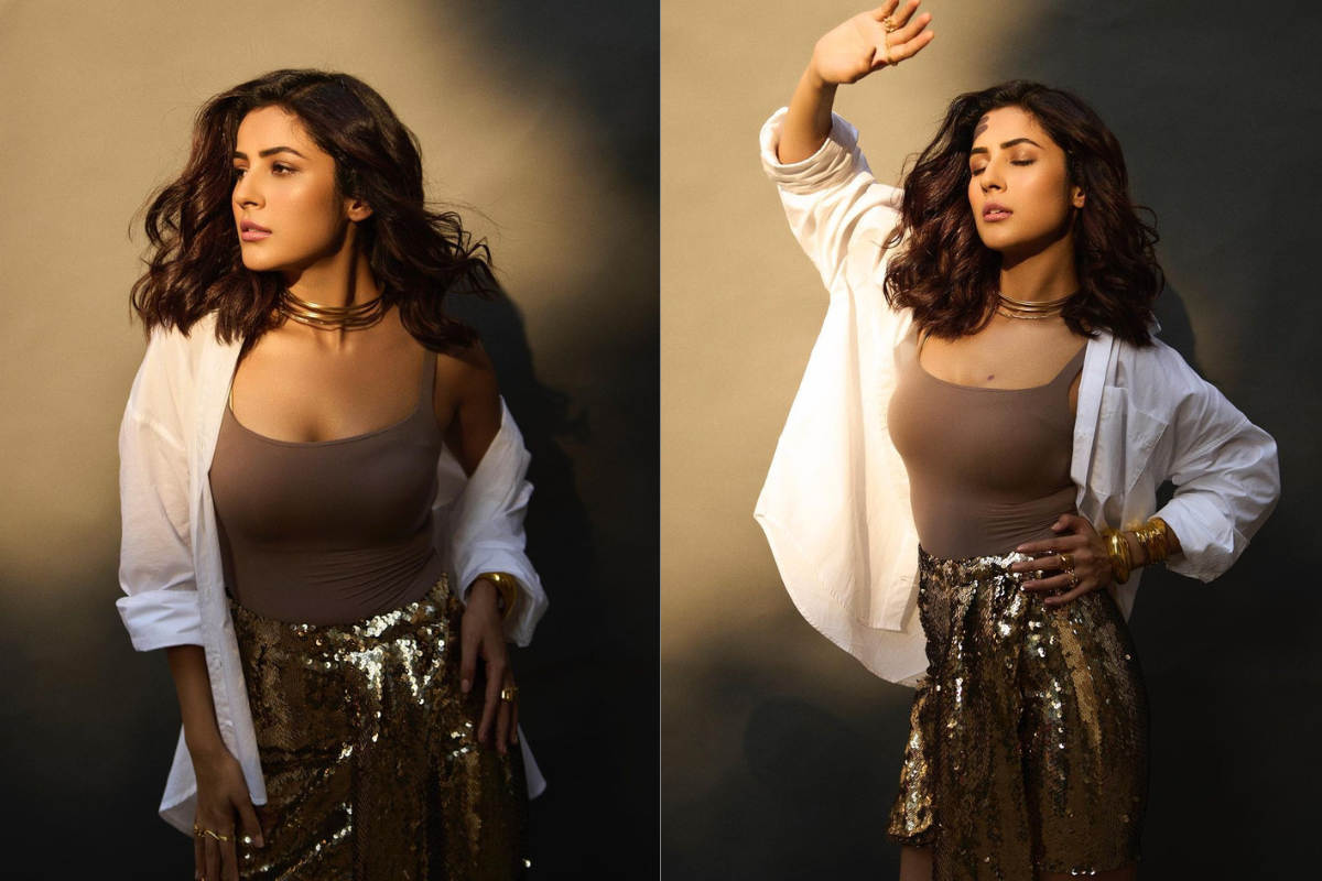 Shehnaaz Gill Gives Her Breezy Summer Attire Some Glitz By Adding A Chic Gold Sparkly Skirt