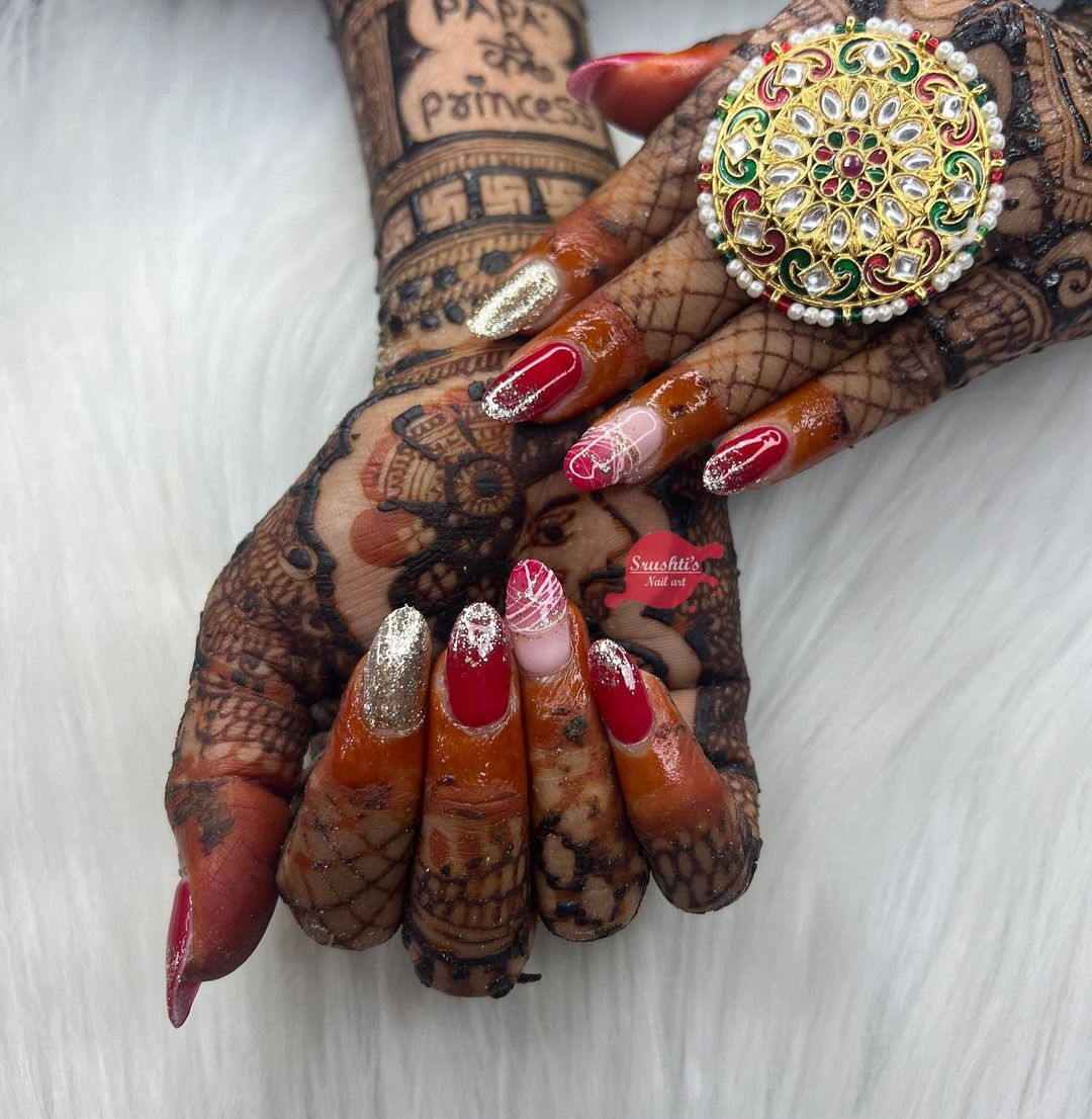 Red Shimmery Bridal Nail Designs