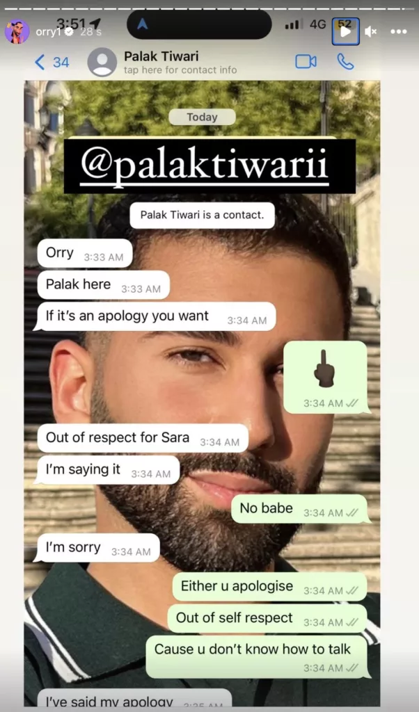 WhatsApp chat of Orry aka Orhan Awatramani showing the middle finger to Palak Tiwari after she says sorry goes viral on the internet 