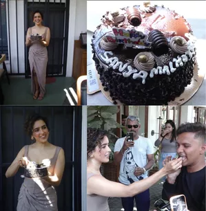 Sanya Malhotra parties with paps on her 32nd b'day, cuts cake with them
